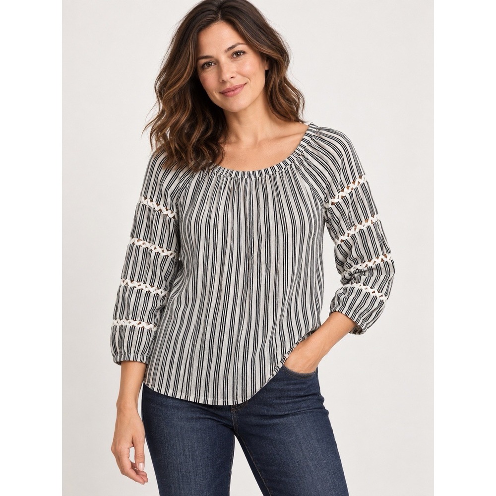 Talbots Petites Black White Striped Peasant Blouse Small 3/4 Sleeve Top
